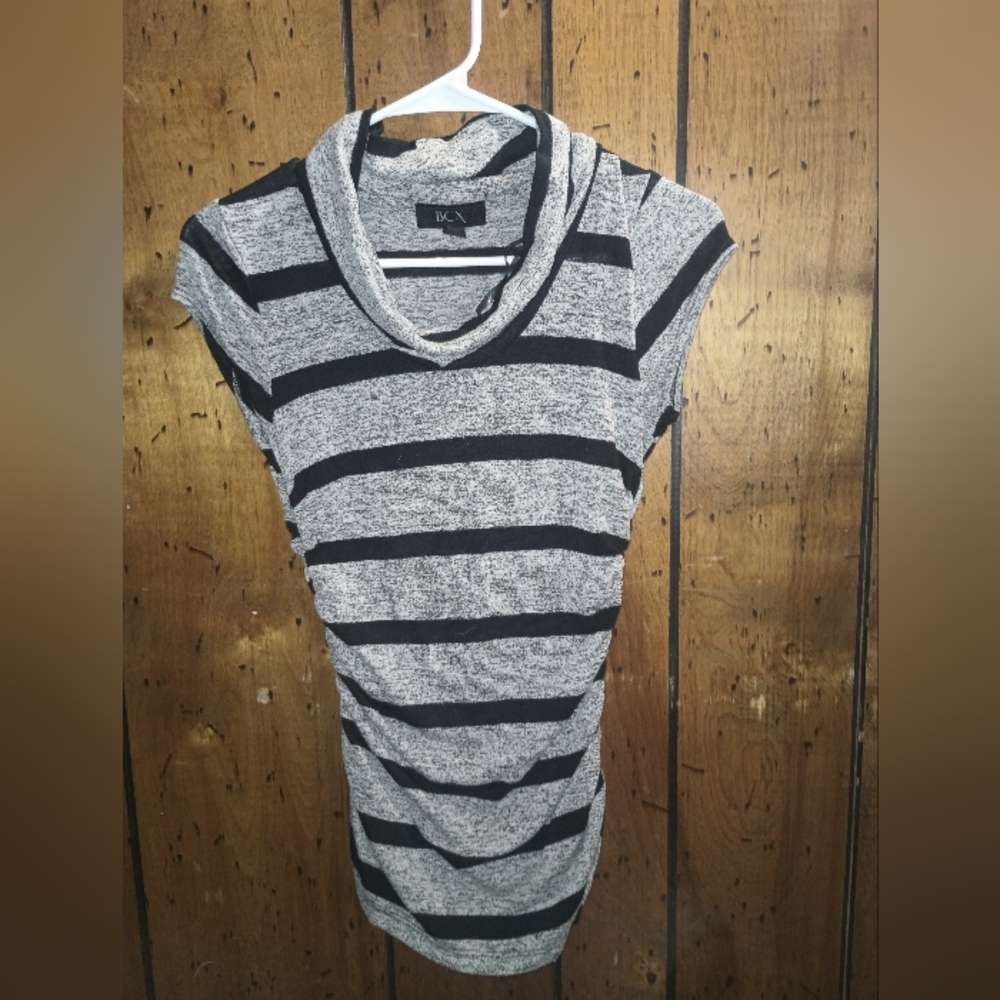 BCX Black and Gray Striped Cowl Neck Blouse